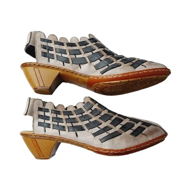 Rieker Sina Gray Leather Slingback Woven Clog Sandals Pumps Womens EU 39 US 8.5