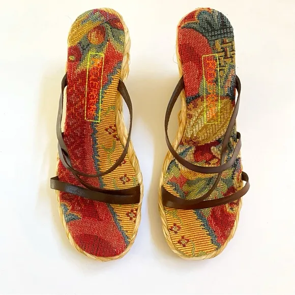 ROBERT CLERGERIE BROWN LEATHER STRAPS OPEN TOE BRAIDED ESPADRILLE WEDGES