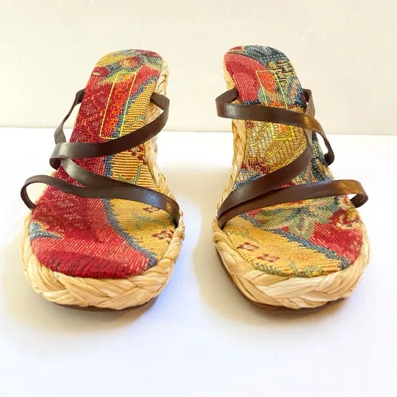 ROBERT CLERGERIE BROWN LEATHER STRAPS OPEN TOE BRAIDED ESPADRILLE WEDGES