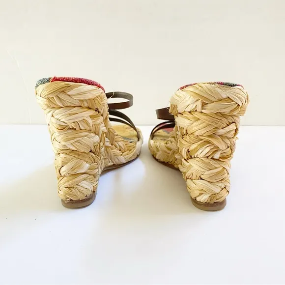 ROBERT CLERGERIE BROWN LEATHER STRAPS OPEN TOE BRAIDED ESPADRILLE WEDGES