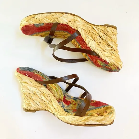 ROBERT CLERGERIE BROWN LEATHER STRAPS OPEN TOE BRAIDED ESPADRILLE WEDGES