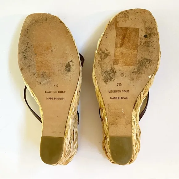 ROBERT CLERGERIE BROWN LEATHER STRAPS OPEN TOE BRAIDED ESPADRILLE WEDGES