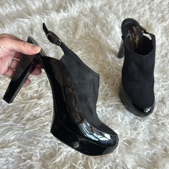 Robert Clergerie Suede Patent Leather Heels/shoes Black Sz 10 EU 41 Slingback