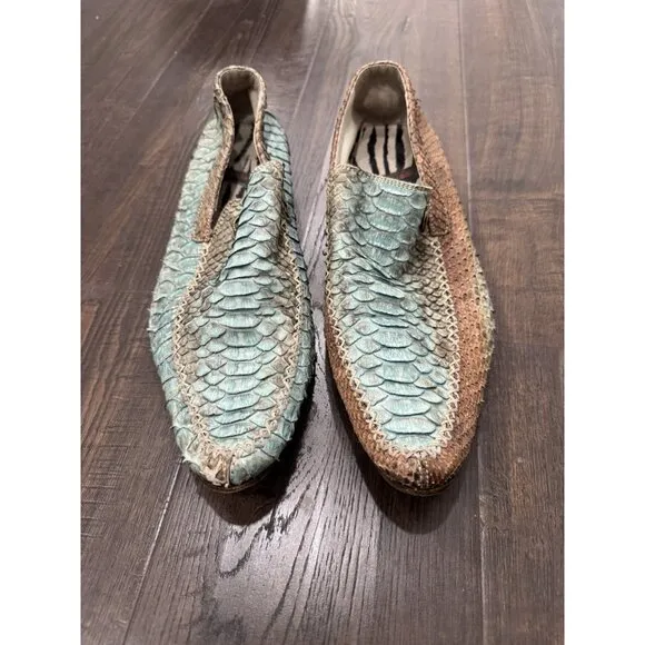 Roberto Cavalli Italy Snakeskin Blue Brown Loafer Slip On Shoes Mens 41