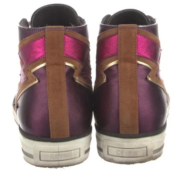 ROBERTO CAVALLI Metallic Purple Leather Lightning Bolt High Top Sneaker