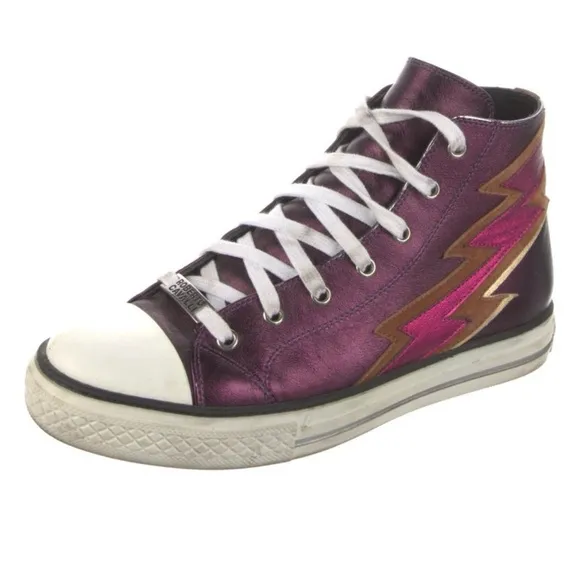 ROBERTO CAVALLI Metallic Purple Leather Lightning Bolt High Top Sneaker