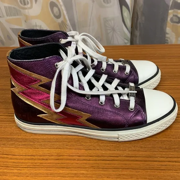 ROBERTO CAVALLI Metallic Purple Leather Lightning Bolt High Top Sneaker