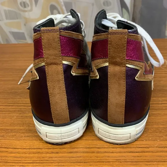 ROBERTO CAVALLI Metallic Purple Leather Lightning Bolt High Top Sneaker
