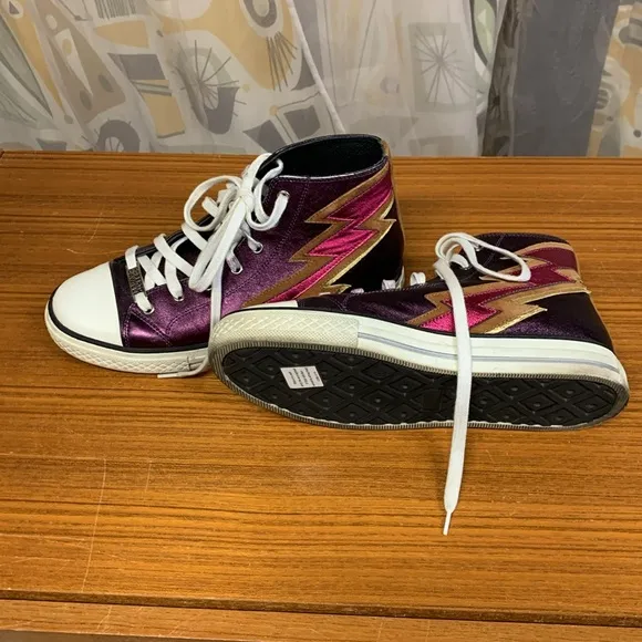 ROBERTO CAVALLI Metallic Purple Leather Lightning Bolt High Top Sneaker