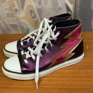 ROBERTO CAVALLI Metallic Purple Leather Lightning Bolt High Top Sneaker