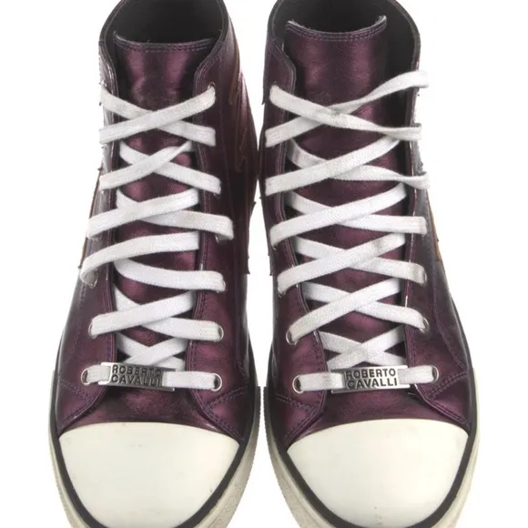 ROBERTO CAVALLI Metallic Purple Leather Lightning Bolt High Top Sneaker