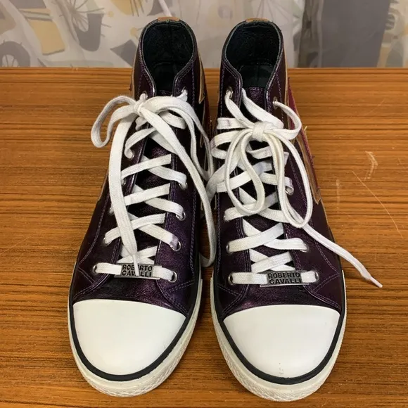 ROBERTO CAVALLI Metallic Purple Leather Lightning Bolt High Top Sneaker