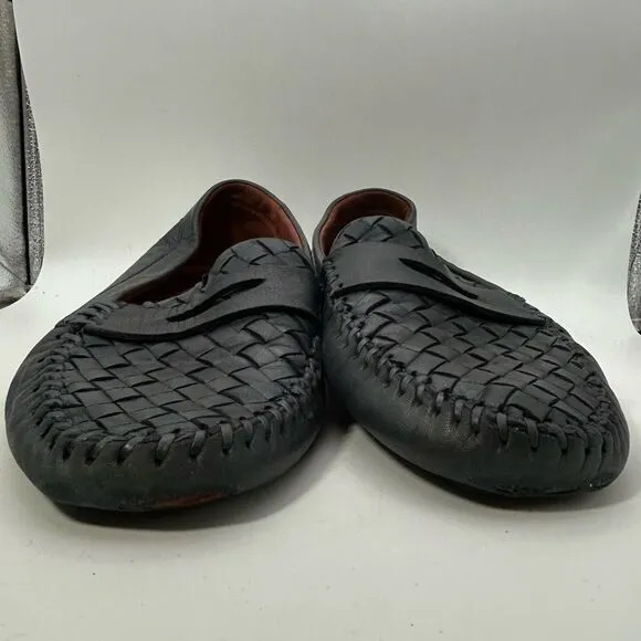 ROBERT ZUR MENS SHOES BLACK 9 leather woven loafers slip one driving luxury