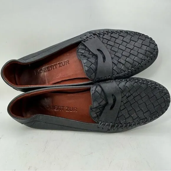 ROBERT ZUR MENS SHOES BLACK 9 leather woven loafers slip one driving luxury
