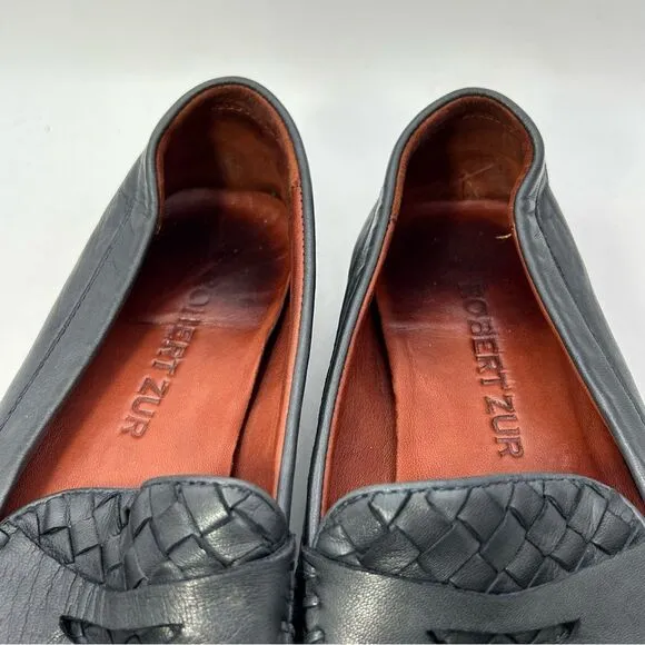 ROBERT ZUR MENS SHOES BLACK 9 leather woven loafers slip one driving luxury