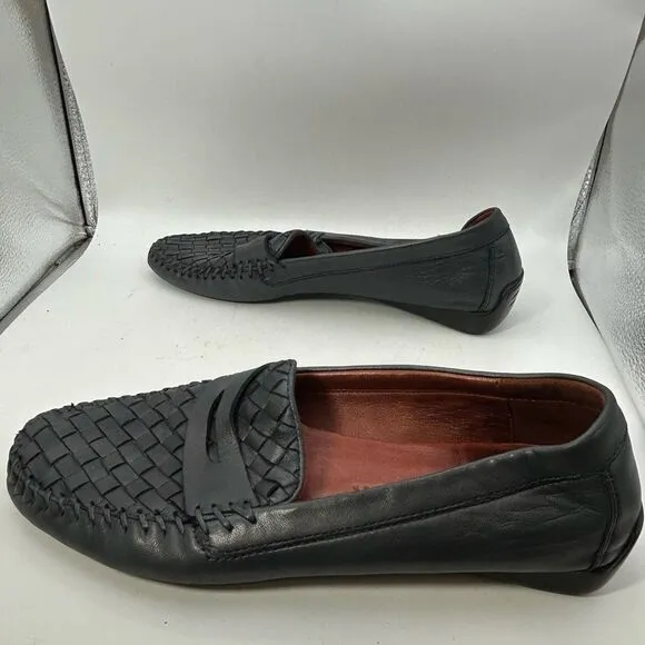 ROBERT ZUR MENS SHOES BLACK 9 leather woven loafers slip one driving luxury