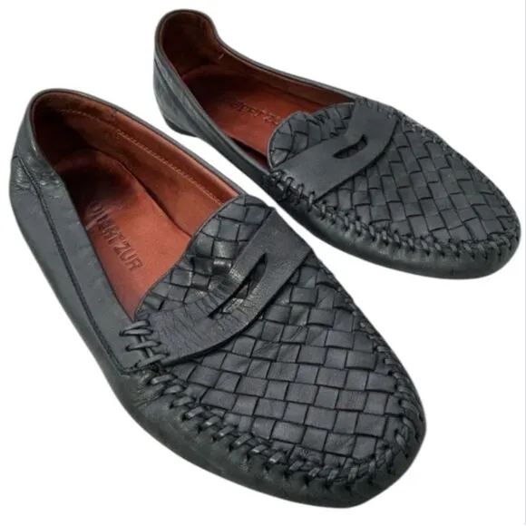 ROBERT ZUR MENS SHOES BLACK 9 leather woven loafers slip one driving luxury