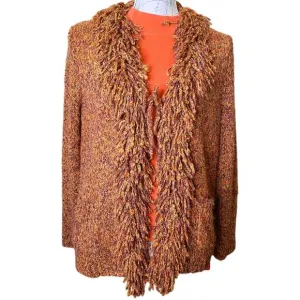 RUBY RD. Size Medium Brown Loopy Fringe Collar Open Front Cardigan Sweater 90s