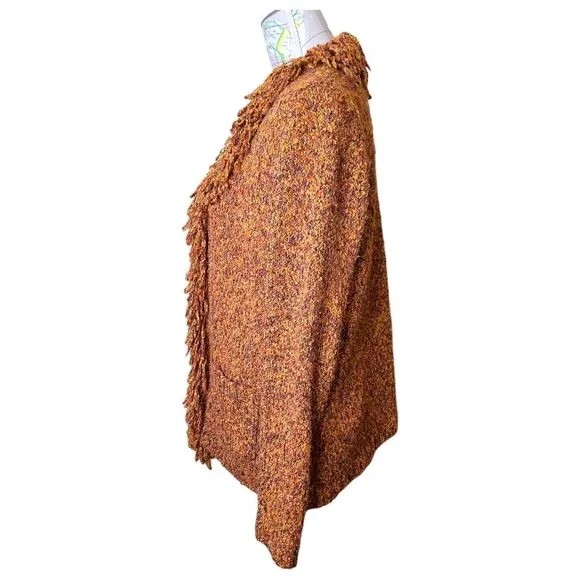 RUBY RD. Size Medium Brown Loopy Fringe Collar Open Front Cardigan Sweater 90s