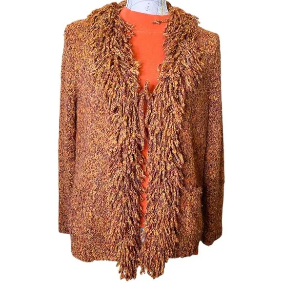 RUBY RD. Size Medium Brown Loopy Fringe Collar Open Front Cardigan Sweater 90s