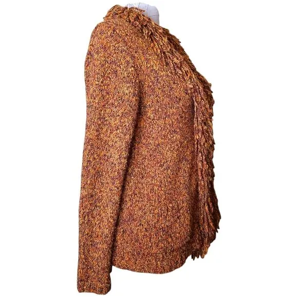 RUBY RD. Size Medium Brown Loopy Fringe Collar Open Front Cardigan Sweater 90s