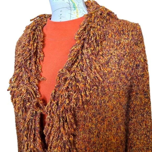 RUBY RD. Size Medium Brown Loopy Fringe Collar Open Front Cardigan Sweater 90s