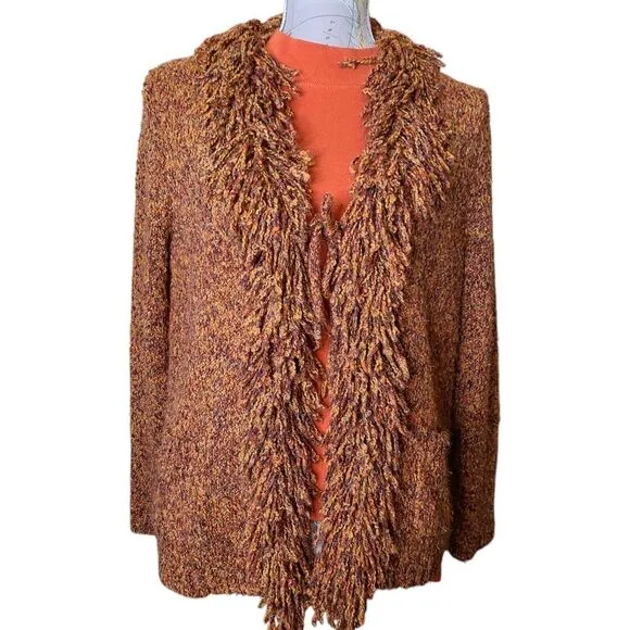 RUBY RD. Size Medium Brown Loopy Fringe Collar Open Front Cardigan Sweater 90s