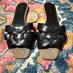 Saint Laurent Black and Tan Woven Leather Sandals