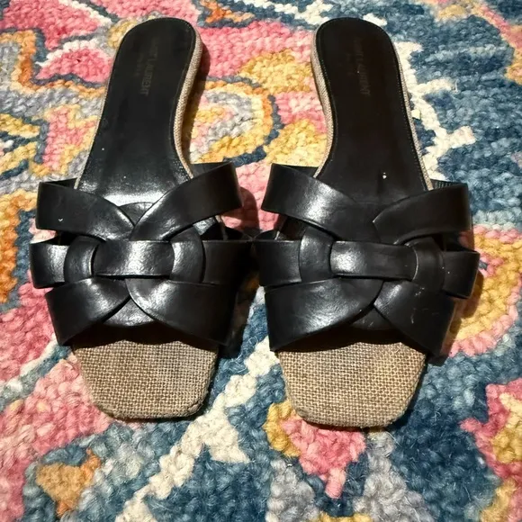 Saint Laurent Black and Tan Woven Leather Sandals