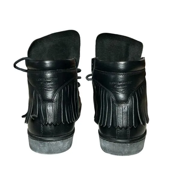 Saint Laurent Womens Court Classic Leather Fringe High Top Sneakers 36.5 Black