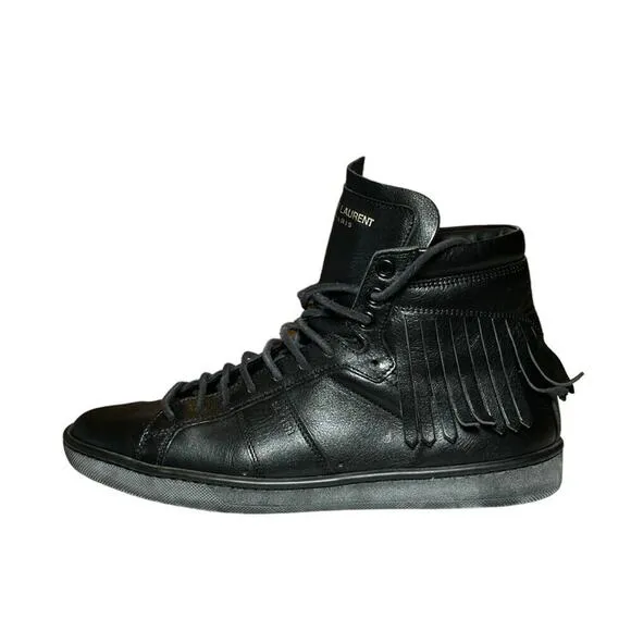 Saint Laurent Womens Court Classic Leather Fringe High Top Sneakers 36.5 Black
