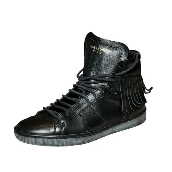 Saint Laurent Womens Court Classic Leather Fringe High Top Sneakers 36.5 Black