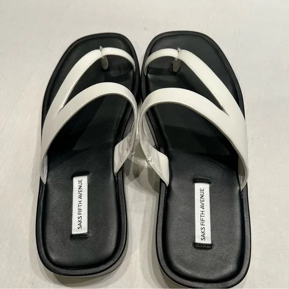 SAKS FIFTH AVENUE Round Toe-Strap Platform Leather Sandals Black &amp; White 8.5 NIB