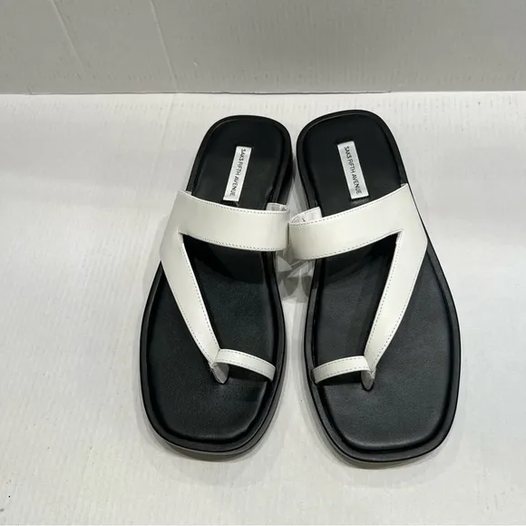 SAKS FIFTH AVENUE Round Toe-Strap Platform Leather Sandals Black &amp; White 8.5 NIB