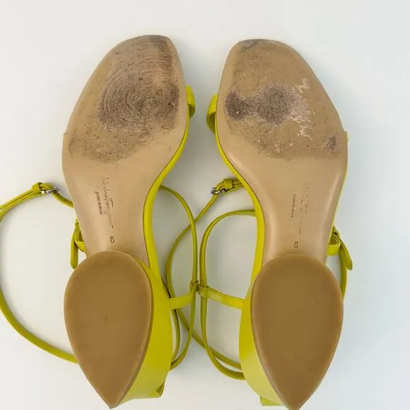 Salvatore Ferragamo Egadi 30 Sandals Block Heel Strappy Yellow Leather US 8