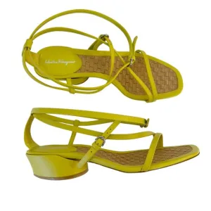 Salvatore Ferragamo Egadi 30 Sandals Block Heel Strappy Yellow Leather US 8