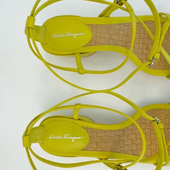 Salvatore Ferragamo Egadi 30 Sandals Block Heel Strappy Yellow Leather US 8