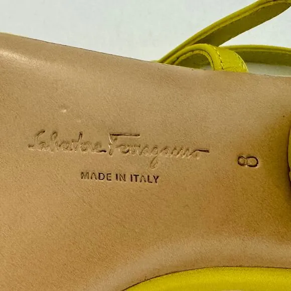 Salvatore Ferragamo Egadi 30 Sandals Block Heel Strappy Yellow Leather US 8