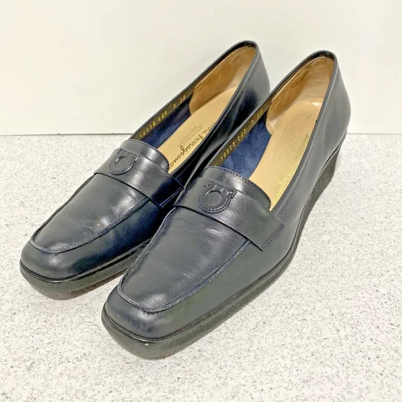 Salvatore Ferragamo Pumps Wedge Heel Black Leather Classic 9AA Shoes Loafers