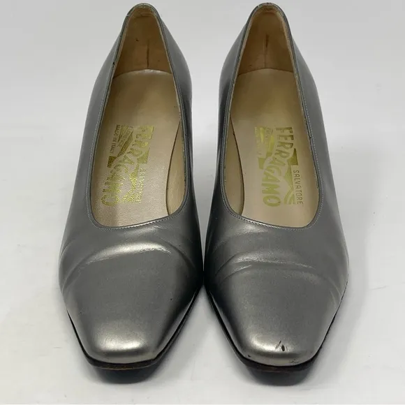 Salvatore Ferragamo Pumps Womens 6 B Metallic Silver Gray Leather Heels Vintage