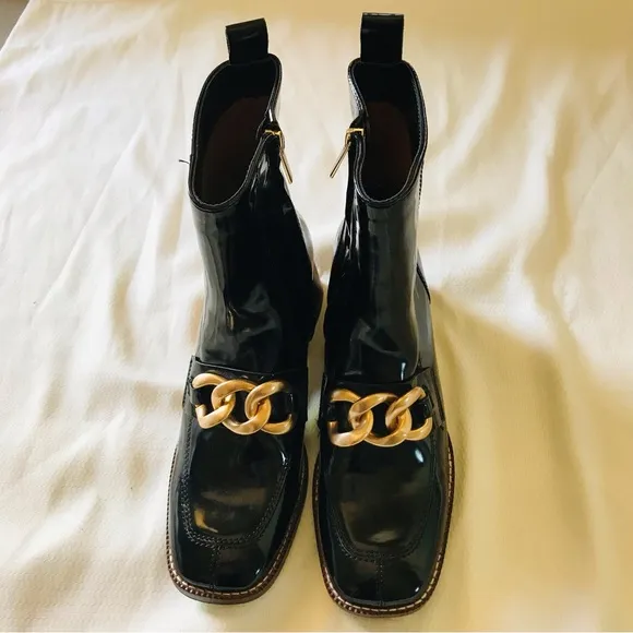 Sam Edelman Black Leather Ankle Boots with Gold Chain