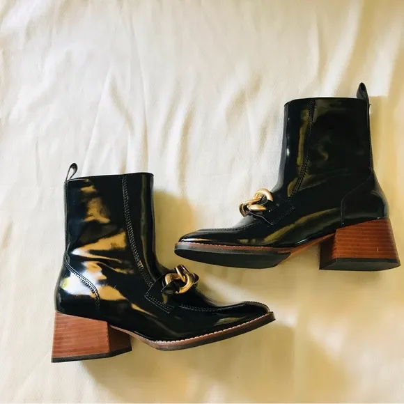 Sam Edelman Black Leather Ankle Boots with Gold Chain