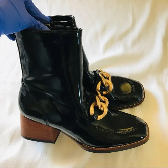 Sam Edelman Black Leather Ankle Boots with Gold Chain