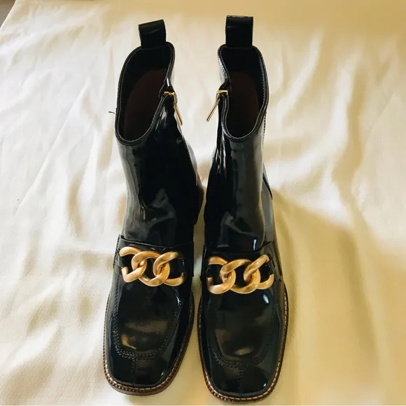 Sam Edelman Black Leather Ankle Boots with Gold Chain