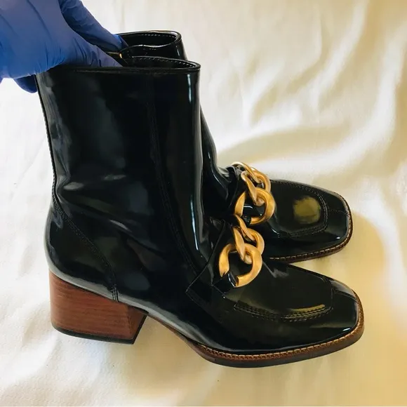 Sam Edelman Black Leather Ankle Boots with Gold Chain