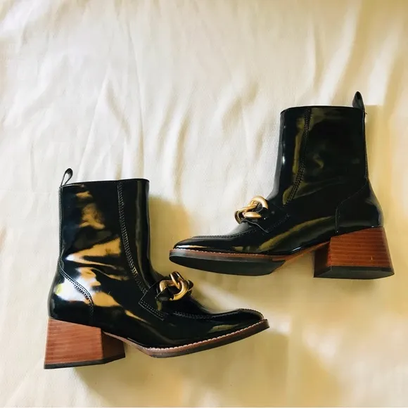 Sam Edelman Black Leather Ankle Boots with Gold Chain