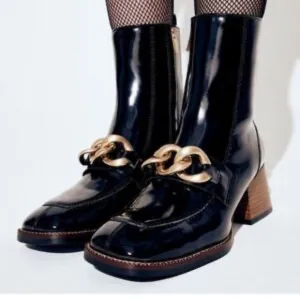 Sam Edelman Black Leather Ankle Boots with Gold Chain