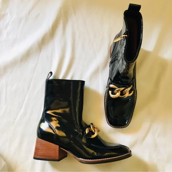 Sam Edelman Black Leather Ankle Boots with Gold Chain