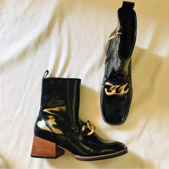 Sam Edelman Black Leather Ankle Boots with Gold Chain