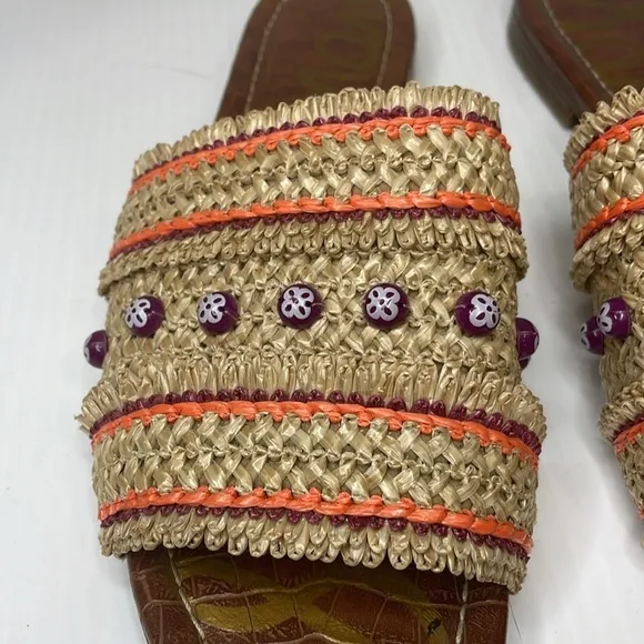 Sam Edelman Brandon Slide Sandals Size 9.5 Almond Sedona Orange Raffia Beads